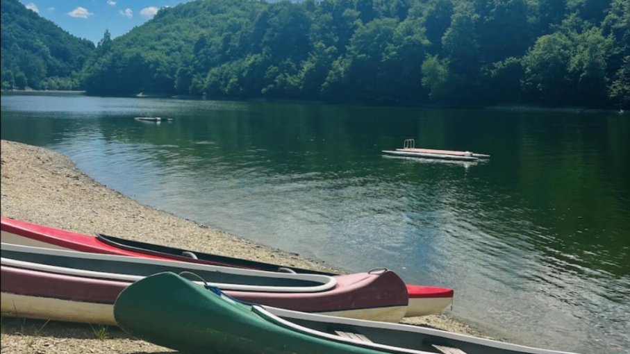Zelené a červené kanoe s veslami na brehu rieky.