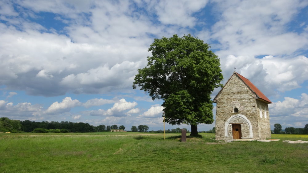 Fotogenický najstarší kostol so stromom na zelenej lúke