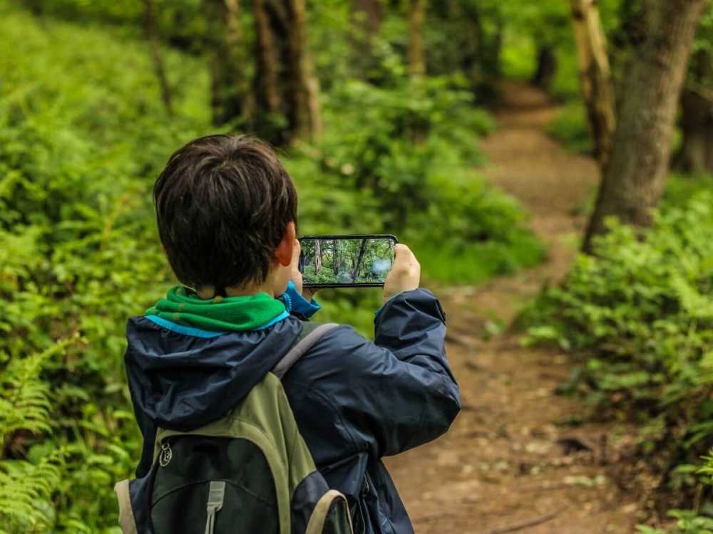 Chlapec fotí prírodu v lese smartfónom.