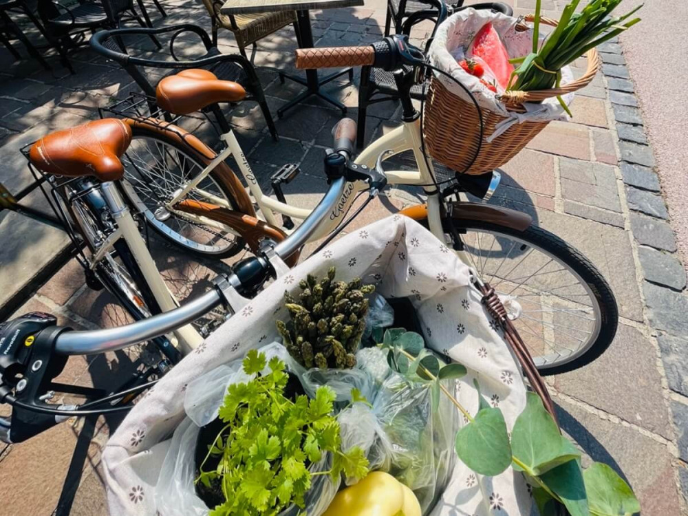 Dva dámske bicykle s košíkmi so zeleninou opreté pri záhradnom sedení.